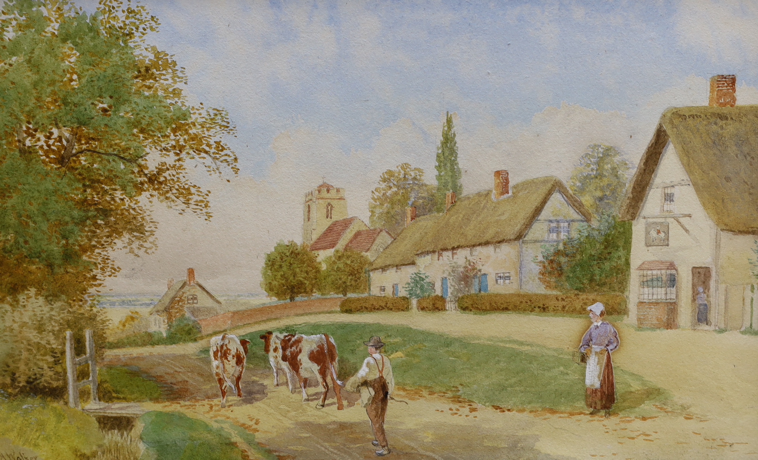 Robert Hollands Walker (fl.1882-1920) pair of heightened watercolours, village street scenes, signed, 20 x 32cm